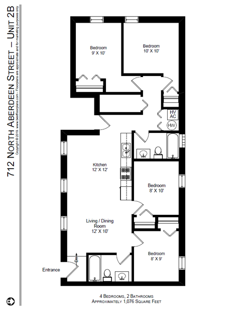 Floor plan for 4 beds, 2 baths, 1076 sqft